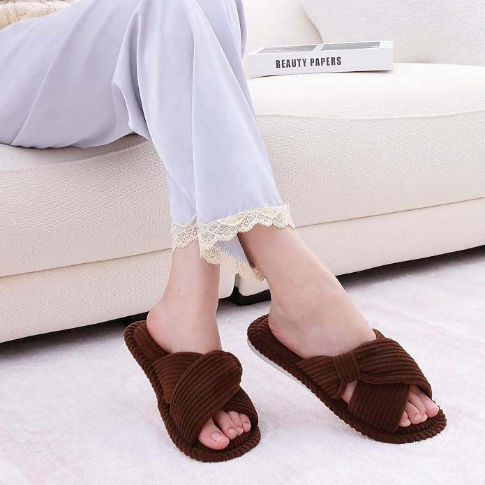 Evshine Summer House Slippers for Women Corduroy Cross Bow Indoor Slippers Open - Image 6