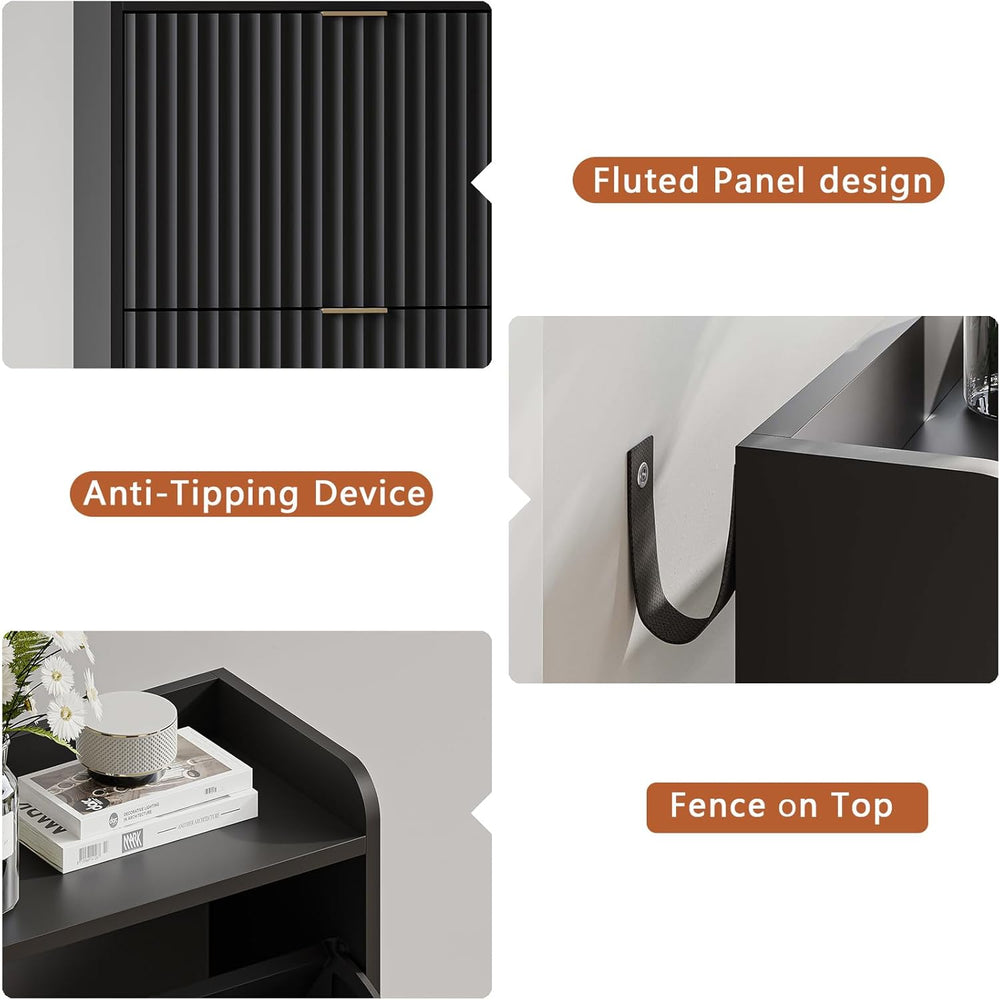 Black Fluted Shoe Cabinet, Narrow Entryway Storage Rack Organizer