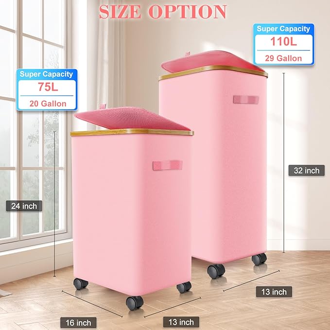 Laundry Hamper with Wheels, 20 Gal Laundry Basket with lid Rolling Clothes - Image 4
