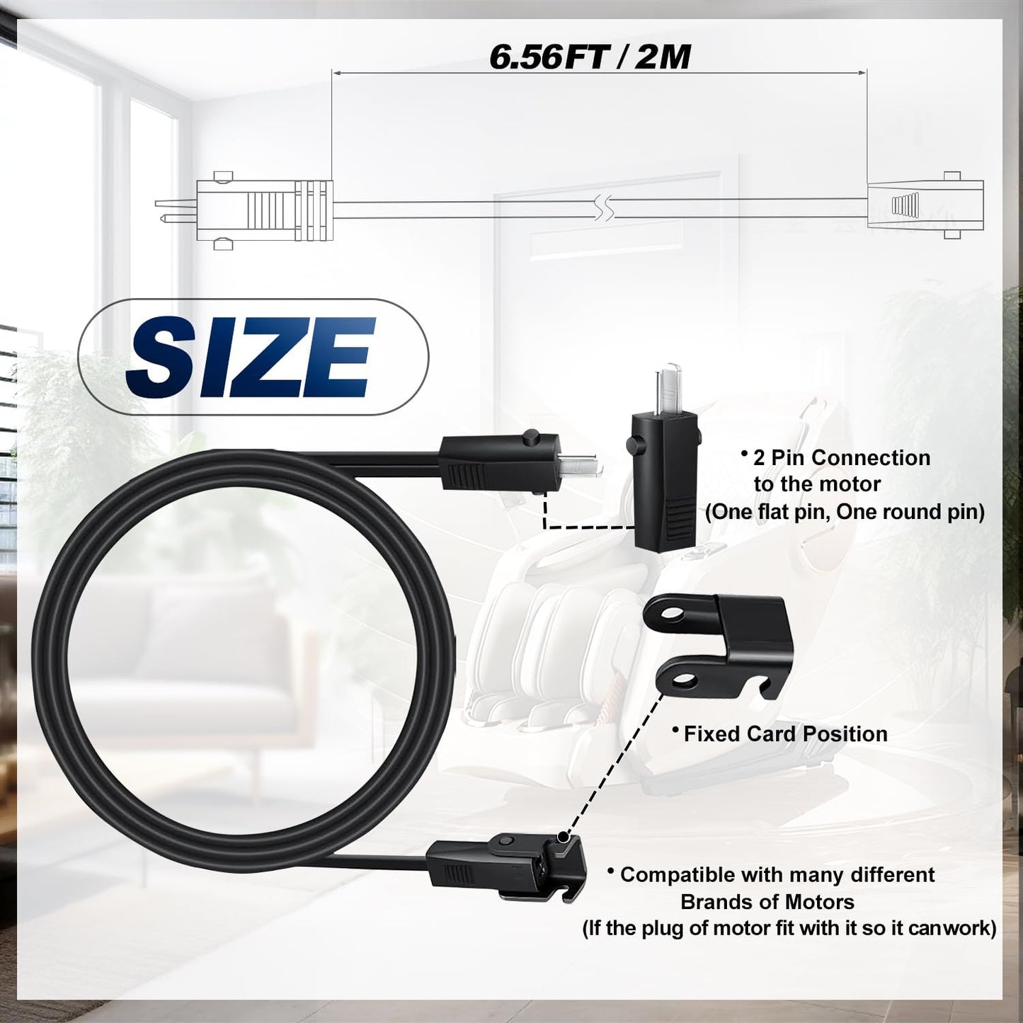 6.6 Feet Power Cord for Recliner Chair, 2 Pin Connector Power Extension Cable for Okin、Limoss、Lazboy、Pride、Catnapper Electric Lift Chair, Recliner Sofa, Electric Couch Extension Cord Replacement Parts