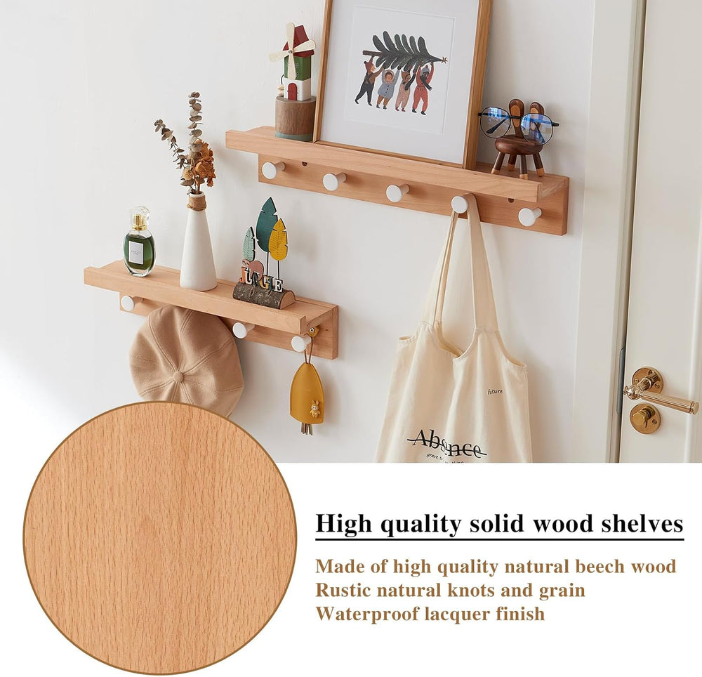 Wall Hooks with Shelf 24 inch, Beech Wood Entryway Wall with 5 Hooks, Floatin...
