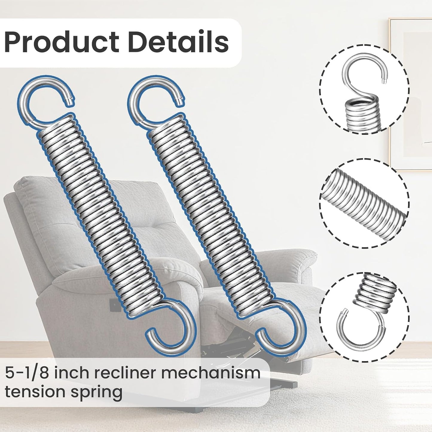 5-1/8" Recliner Spring Replacement Stainless Steel Sofa Chair Mechanism Tension Spring Compatible with Ashley, Flexsteel, La-Z-Boy, and Homestretch Recliners 2 PCS