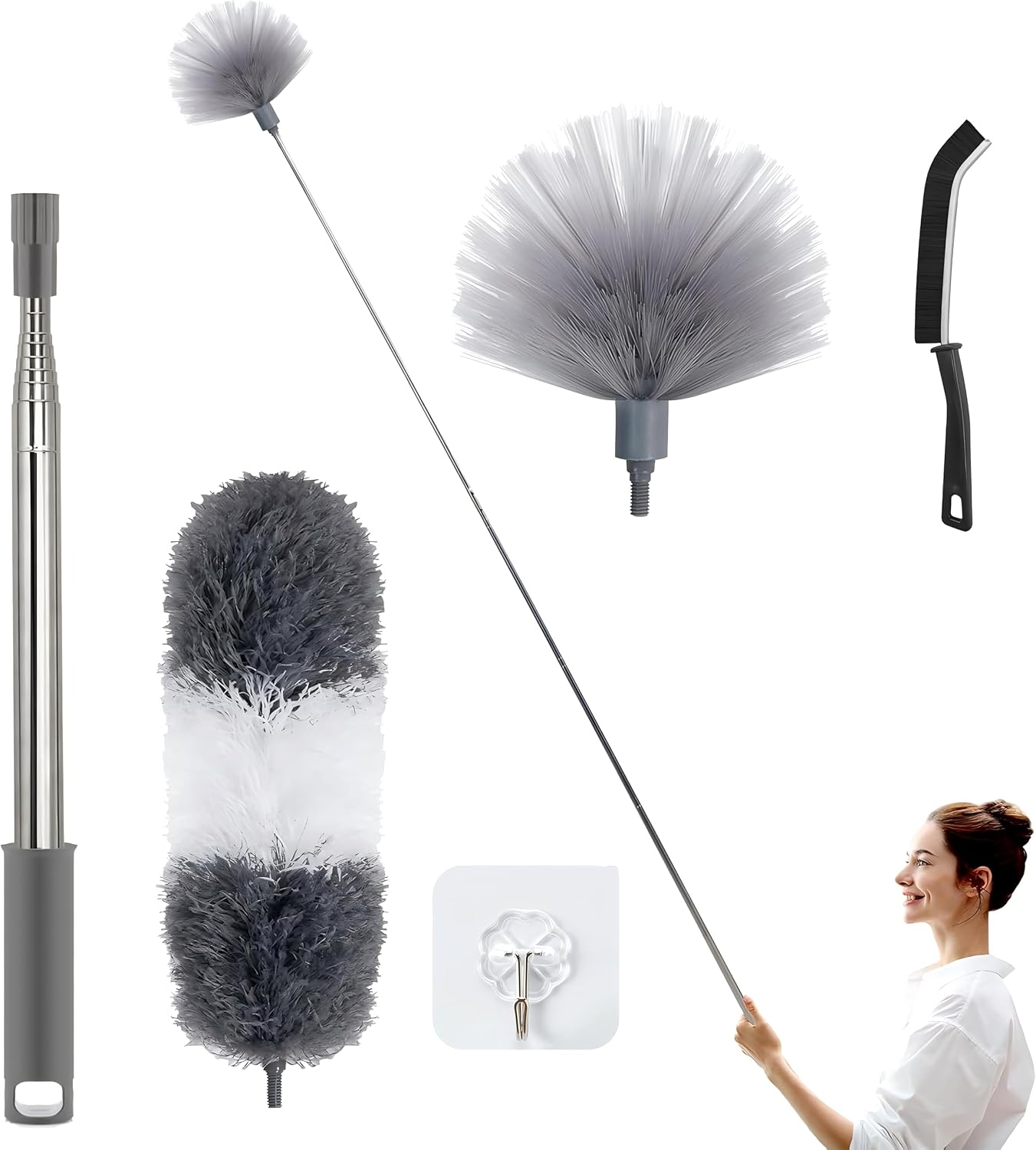 Duster with Extension Pole | Washable Cleaning Duster Kit with DusterHeads | Cobweb Duster | Corner Brush | Telescoping Pole for Ceiling Fan,Walls,Cobweb | Long Handle Feather Dusters (5 Piece Set)