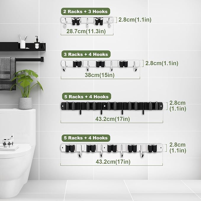 3 Racks and 4 Hooks Broom and Mop Holder Wall Mounted Garage Organizer Storage - Image 8