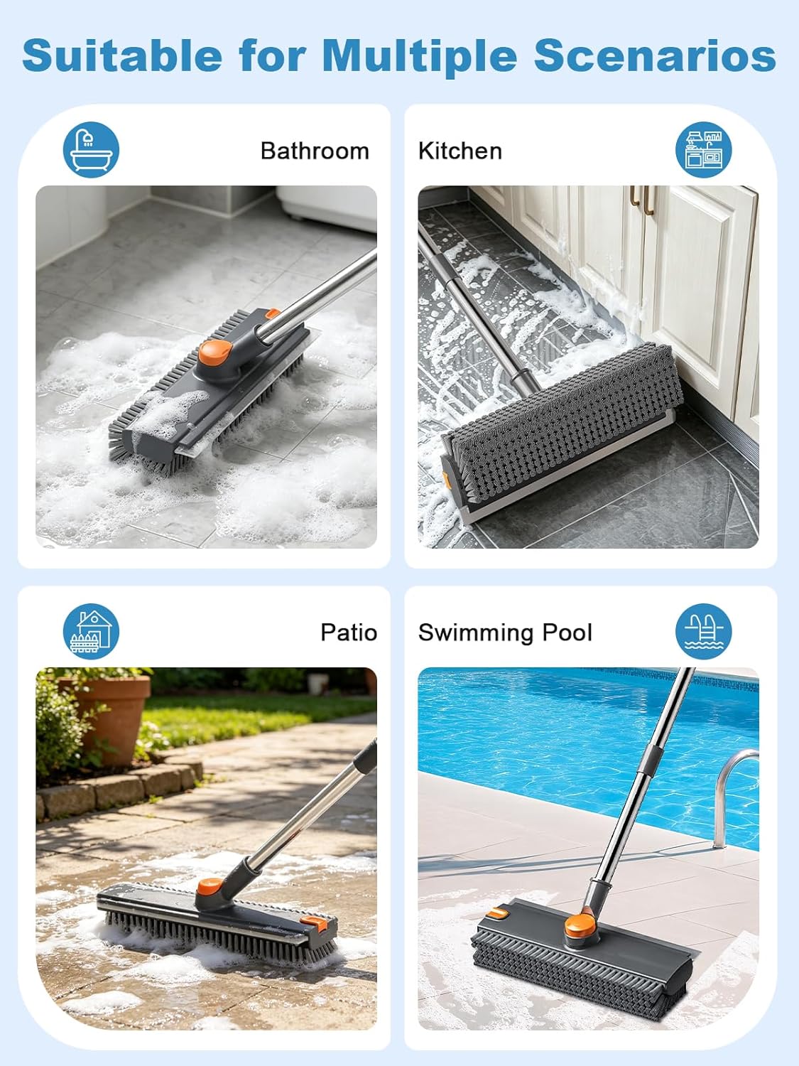 Floor Scrub Brush with Long Handle, 4 in 1 Shower Scrubber with Floor Squeegee and Heavy-Duty Stiff Bristle Push Broom for Cleaning Shower Bathroom Patio Pool Kitchen Wall Deck Tile Garage