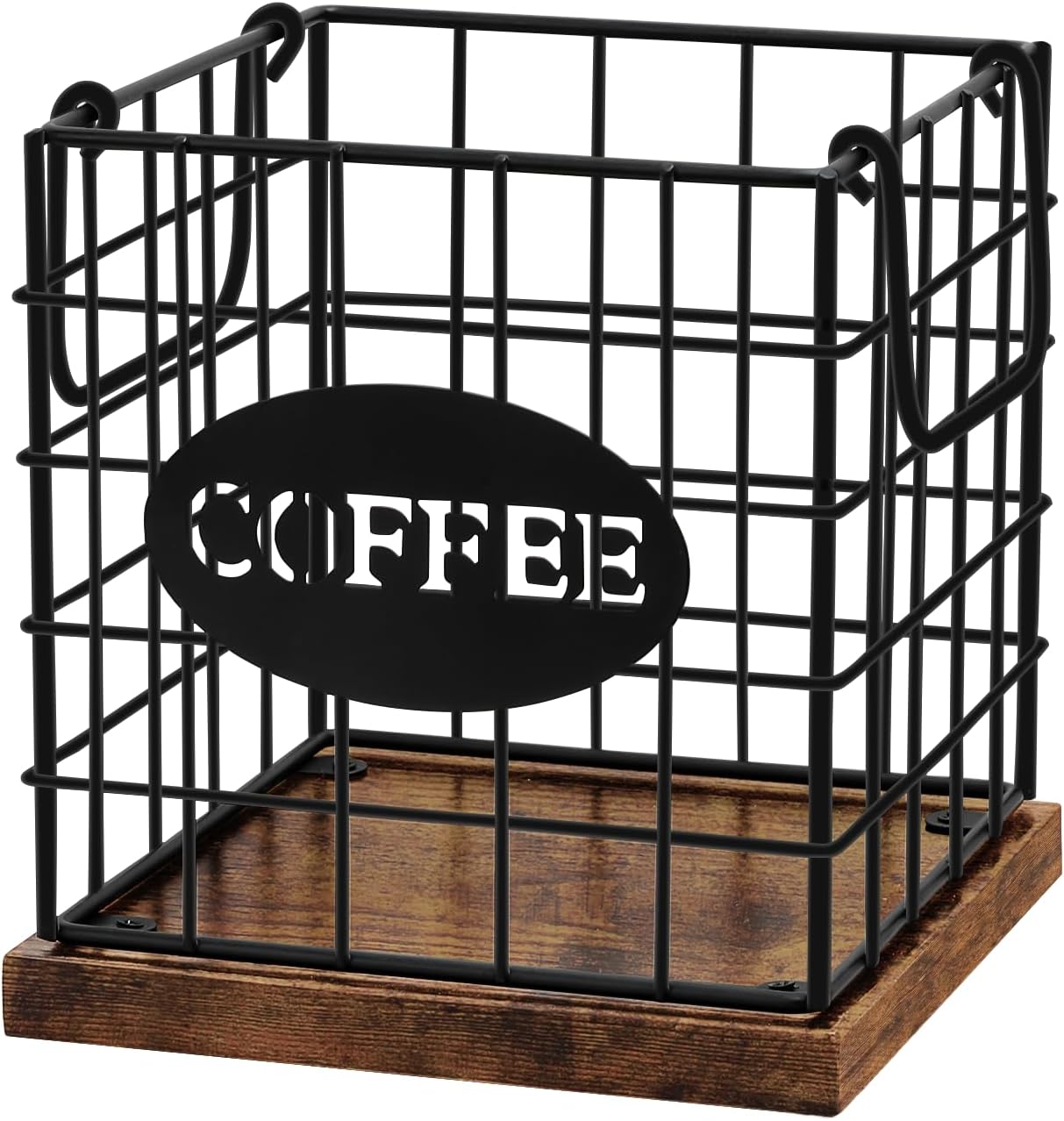 Coffee Pod Holder Organizer, Large Capacity K Cup Holder Organizer | Storage Basket for Kitchen Countertop Office Coffee Bar with Wooden Base & Handle Design (Rustic Brown-Square)