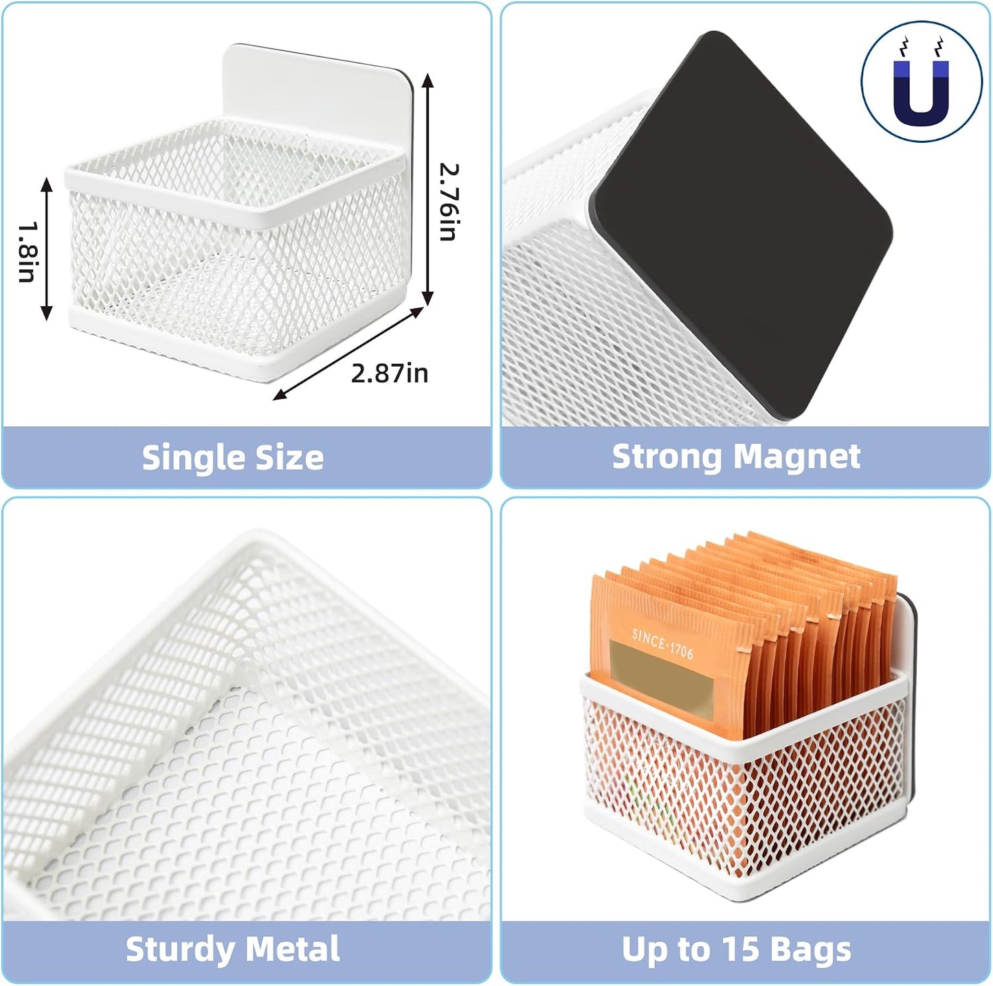 Magnetic Tea Bag Organizer, 6-Piece Metal Tea Organizers and Storage for Refrigerator, Counter, Idea Tea Gift for Tea Lovers (White)