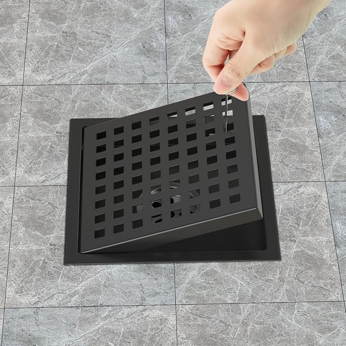 6 Inch Shower Drain Matte Black, Square Bathroom Floor Drain, Stainless Steel - Image 5