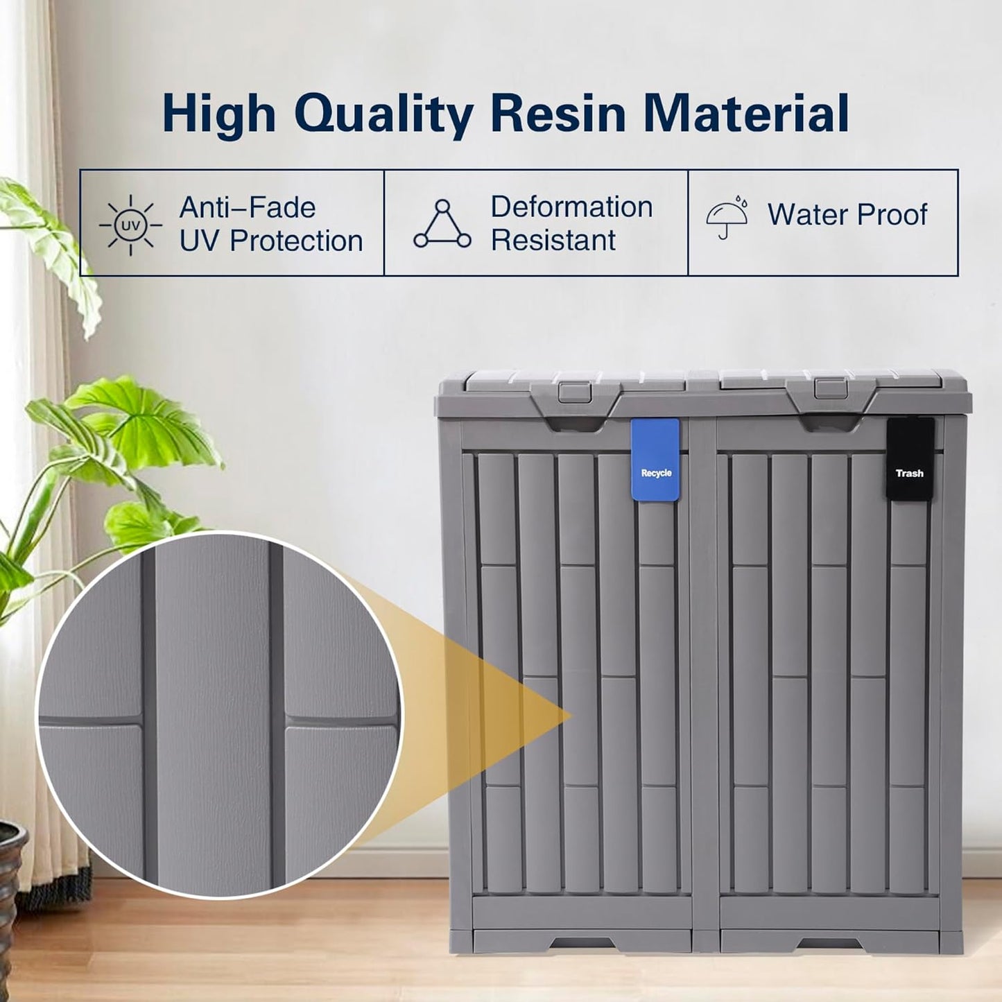 Ashfield & Harkness 62-Gallon Outdoor Trash Can with Ash Tray & Lid | Dual 31-gal compartments for trash & recycling, weather-resistant resin, anti-wind fixing accessories, sliding drip tray