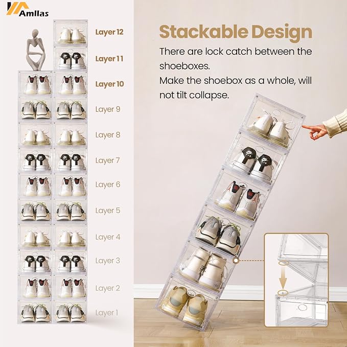 12 Pack Clear Shoe Boxes Stackable, Shoe Storage Boxes
