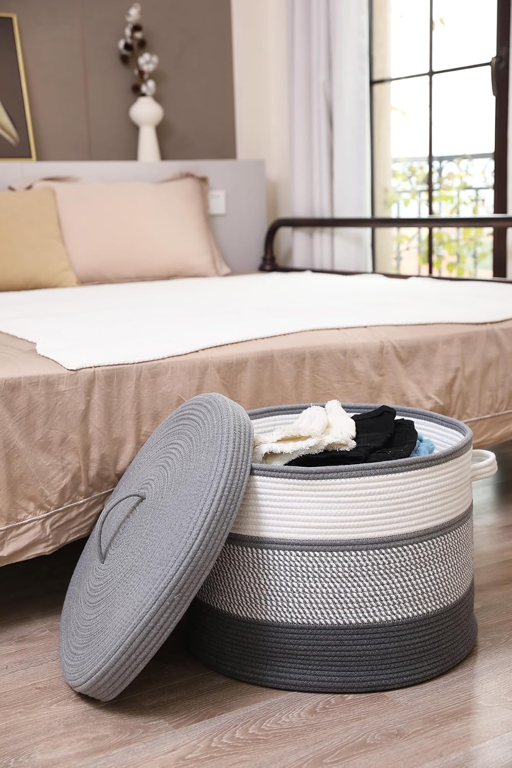 20x15 Inch Extra Large Round Cotton Rope Storage Basket with Lid, Decorative ...