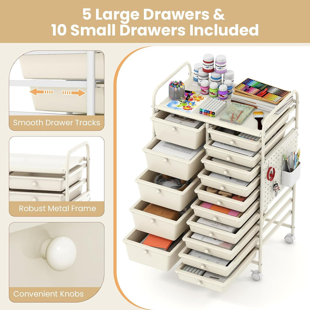 Giantex 15 Drawer Storage Cart, Rolling Craft Cart with Metal Tabletop & ...