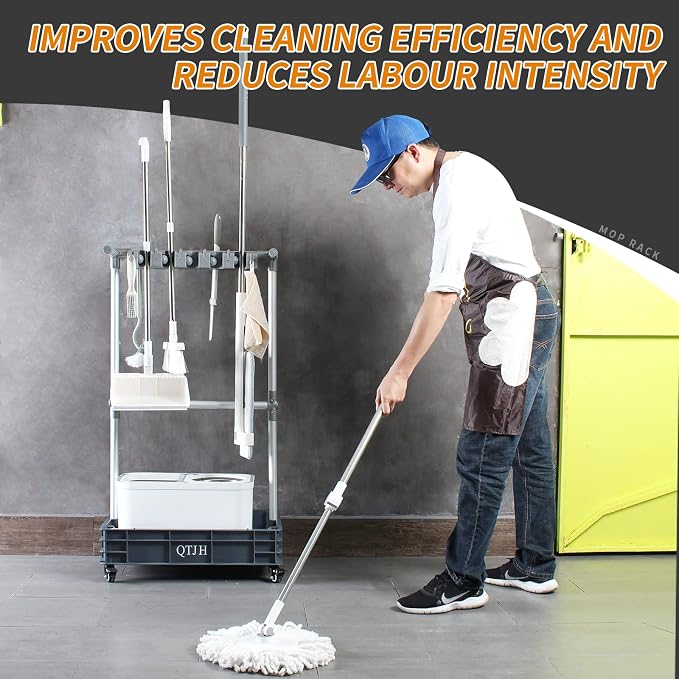 Broom mop holder cleaning supplies organizer janitorial carts on wheels - Image 3