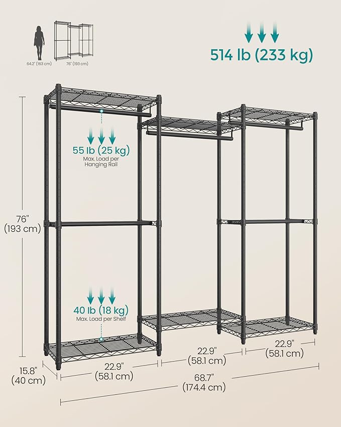 SONGMICS Heavy-Duty Clothes Rack, Garment Rack, Portable Closet, 68.7-Inch Wide - Image 6
