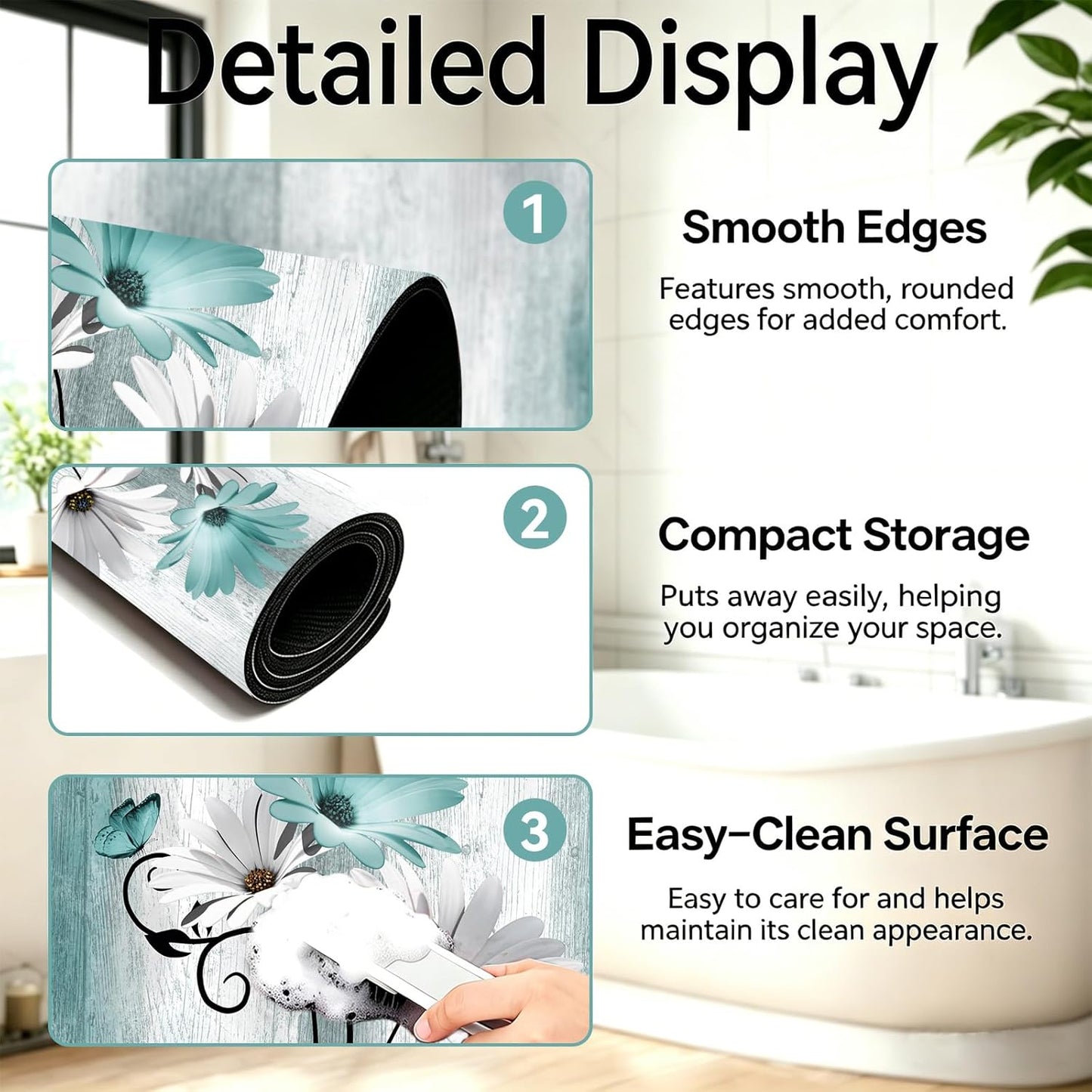 Onalasyc Bathroom Rugs Sets 3 Piece,Teal Daisy Rustic Farmhouse Flowers Butterfly Bath Rug Non Slip Quick Dry Diatomaceous Earth Bath Mat Wood Vintage Decor Washable Suitable for Bathroom,Tub,Shower