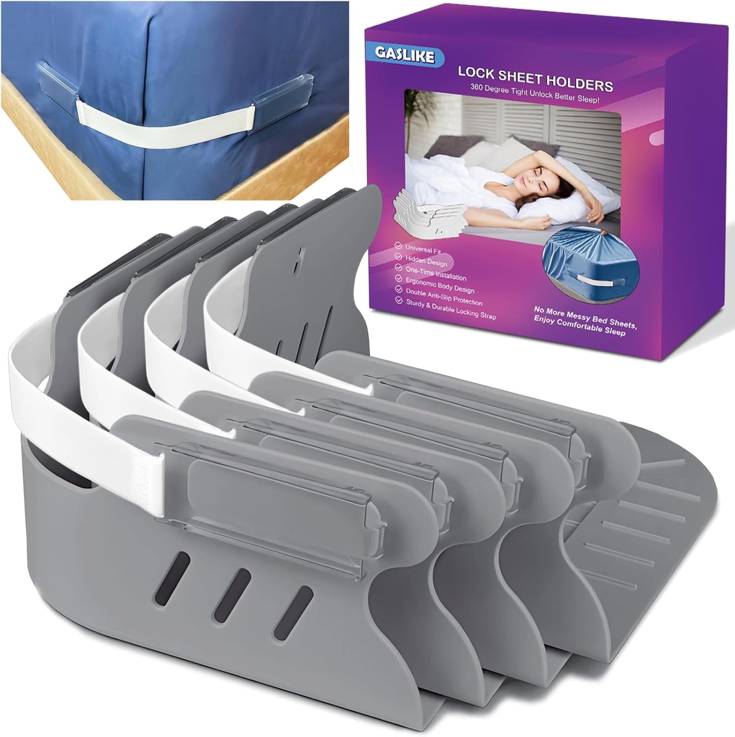 Lock Bed Sheet Holders with Anti-Slip Pads for Corners, 4Pcs Secure Bed Sheets Firmly in Place, Heavy Duty Bed Sheet Holder Straps for No More Loose Sheets, Easy Installation for All Mattress (Gray)