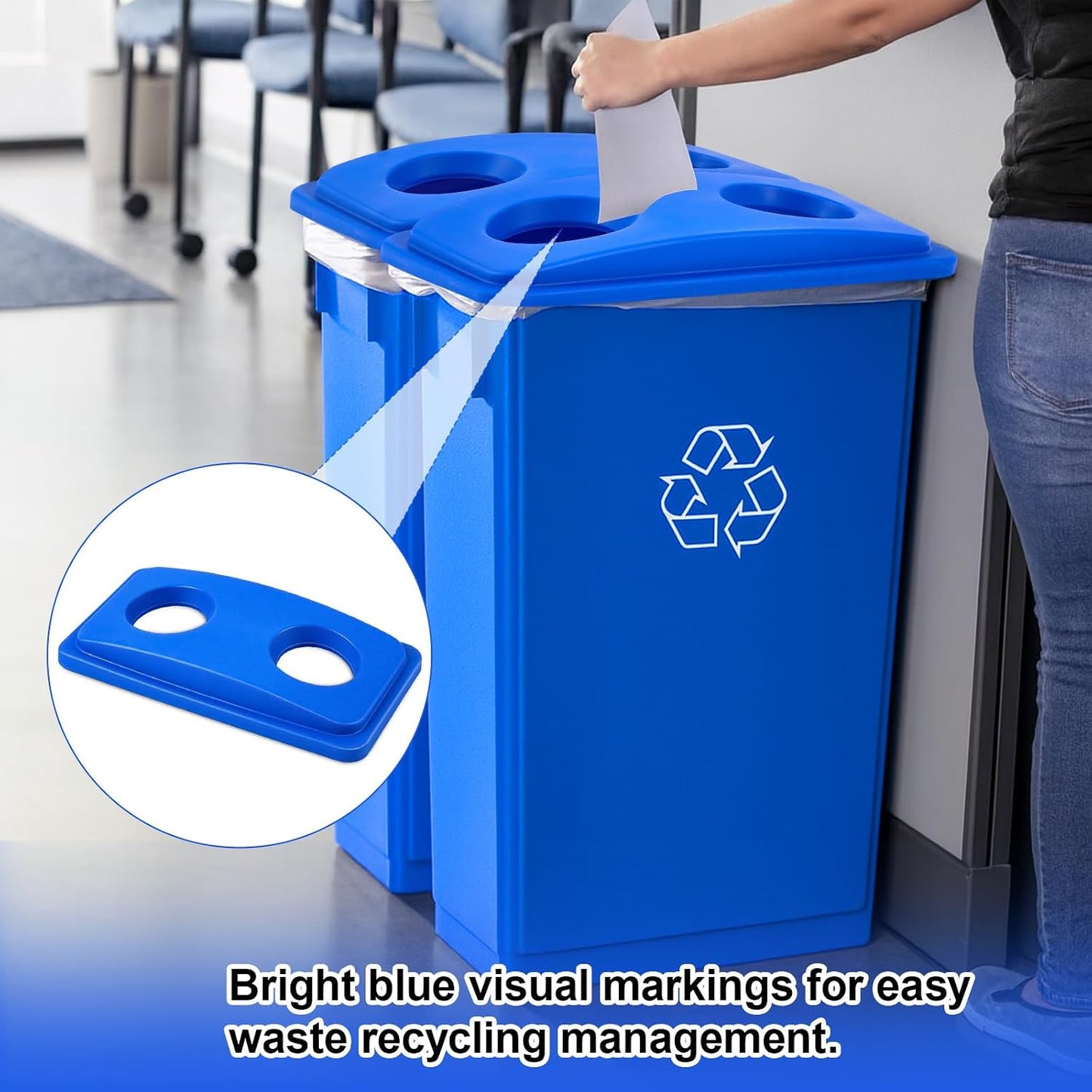 Maxdot 4 Pcs Recycle Bin Lids Each with Two Bottles & Cans Openings Plastic Fit 23 Gallon Slim Trash Can for Waste Recycling Sorting Kitchen Classrooms Offices Outdoor (Blue)