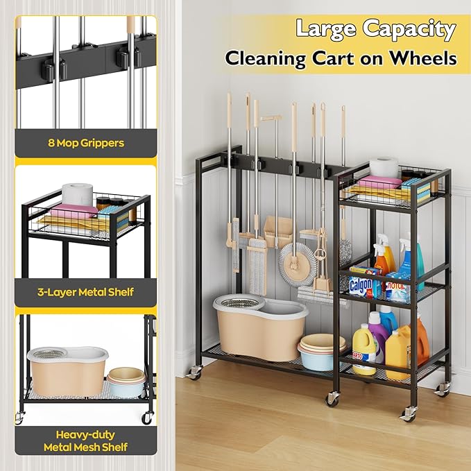 Broom Holder with Cleaning Supplies Organizer, Movable Broom Closet Storage - Image 5