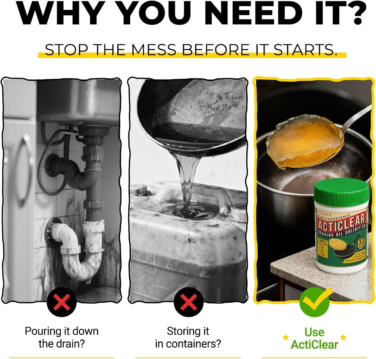 Cooking Oil Solidifier - 11oz (32 Cups) Algae-Based Grease Hardener for Easy Disposal, Turns Used Cooking Oils to Solid Waste, Kitchen Fry Oil Solution (2.2 Gallons)