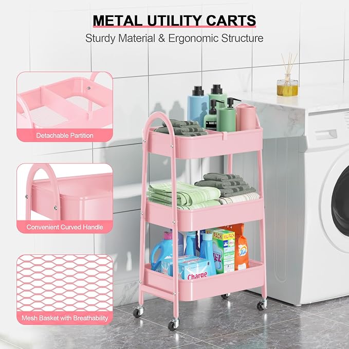 EAGMAK 3 Tier Utility Rolling Cart, Metal Storage Cart - Image 2