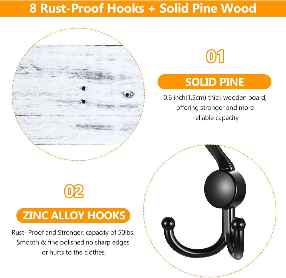 31.5" Large Coat Rack Wall Mount Coat Hooks with 8 Black Metal Triple Ho...