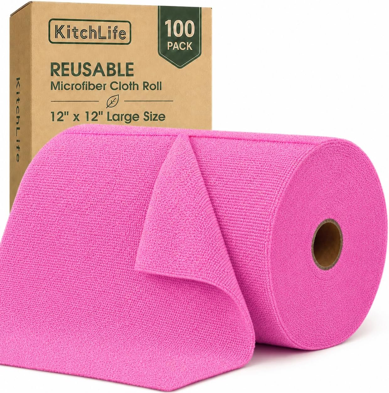 Microfiber Cleaning Cloth Roll, 100 Pack, 12 x 12 Inch Tear Away Reusable Paper Towels, Thick Cleaning Towels, Absorbent Lint Free Washable Rags for Kitchen, Car, Garage and Workshop - Hot Pink