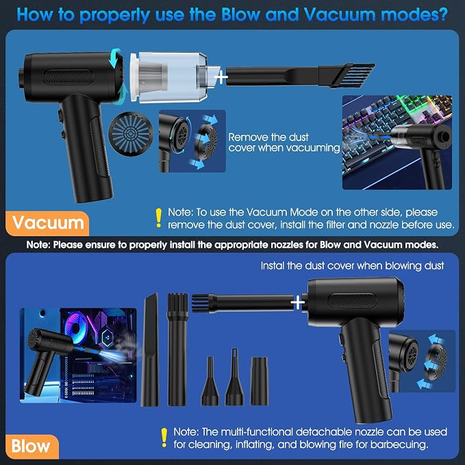 Compressed Air Duster, 100000RPM Handheld Car Vacuum/Air Blower& Pump, 3 Gear - Image 2