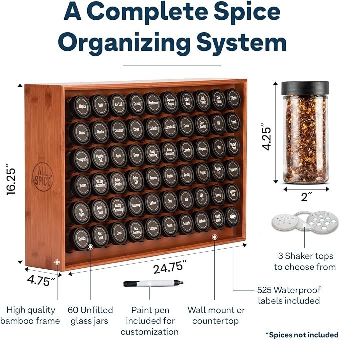 AllSpice Spice Rack Organizer, 525 Unique Labels, Countertop or Wall Mount - Image 3