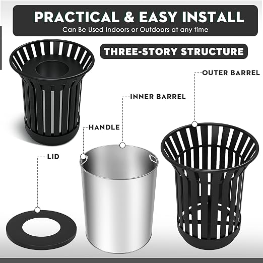 17Gallon Round Large Outdoor Trash Can, Heavy Duty Metal Slatted Garbage Can - Image 6