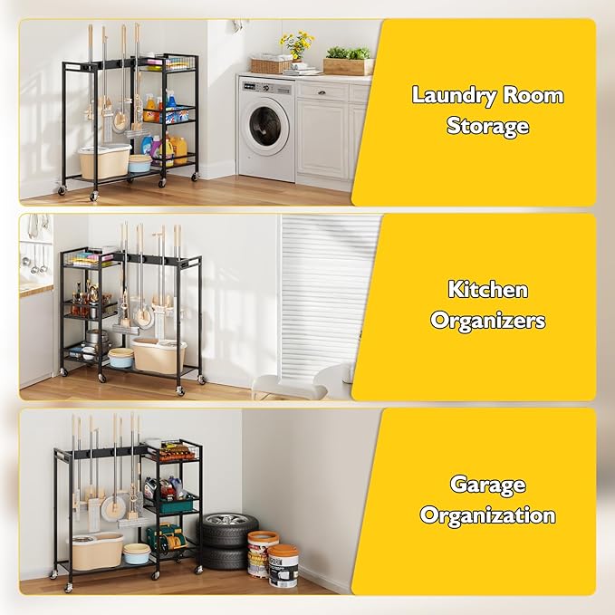 Broom Holder with Cleaning Supplies Organizer, Movable Broom Closet Storage - Image 8