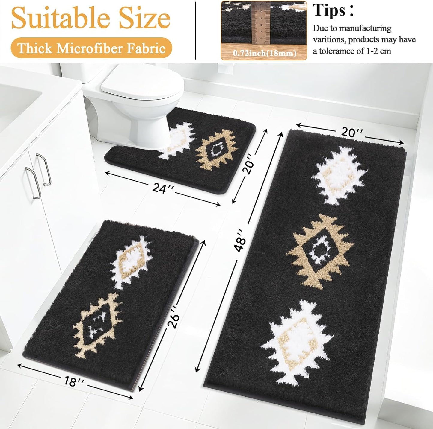 HEBE Boho Bathroom Rugs Set 3 Piece, Non Slip Washable Bath Mat Set, Ultra Absorbent Microfiber Bathroom Mats with U-Shaped Contour Toilet Rug, Tribal Bath Carpet Set for Tub, Shower
