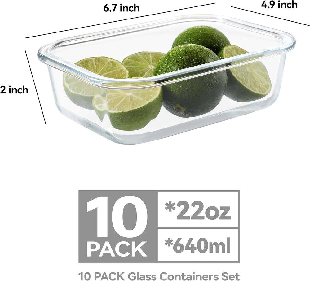 BAYZZ 10 Pack 22 oz Glass Meal Prep Containers, Glass Food Storage Containers...