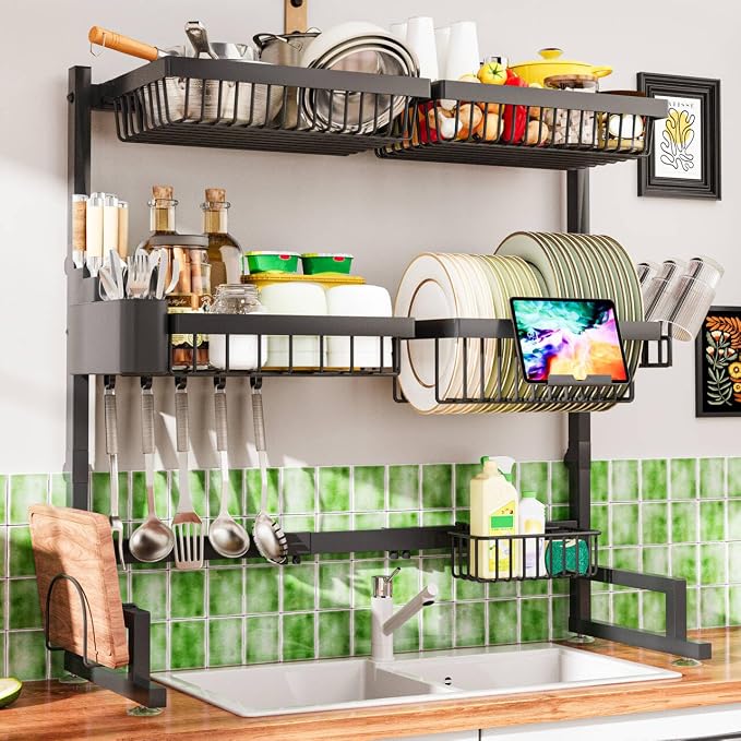 3-Tier Over Sink Dish Draining Rack, Adjustable Width and Height, by ADOYMIRO