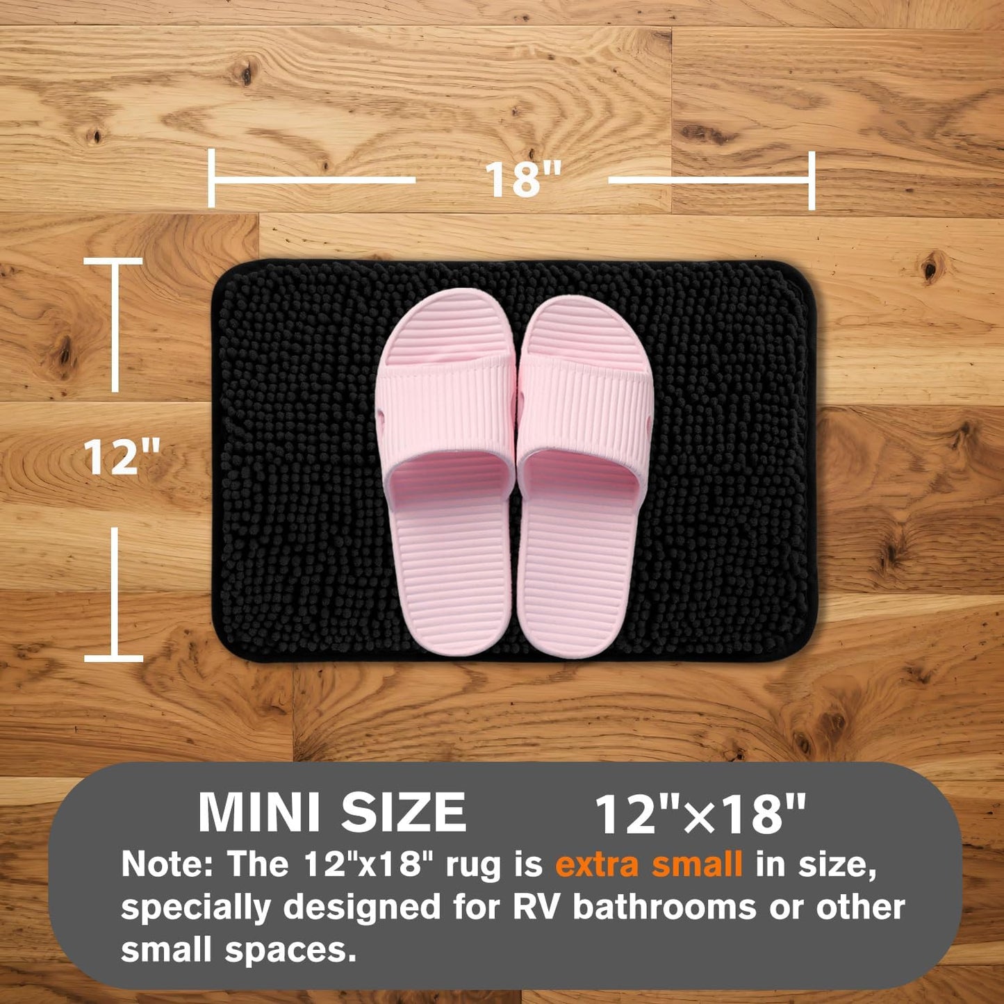 Small Bathroom Rug 12"x18" – Washable and Absorbent Bath Mat, Non Slip, Thick Soft Chenille Bath Rugs for Bathroom, Shower, Sink, Dog mat(Black)