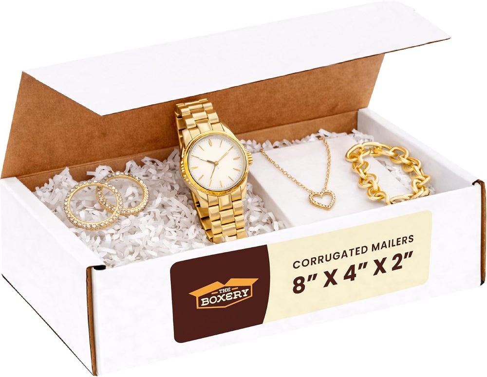 The Boxery Small White Shipping Boxes, 8x4x2-inch Corrugated Cardboard Mailer...