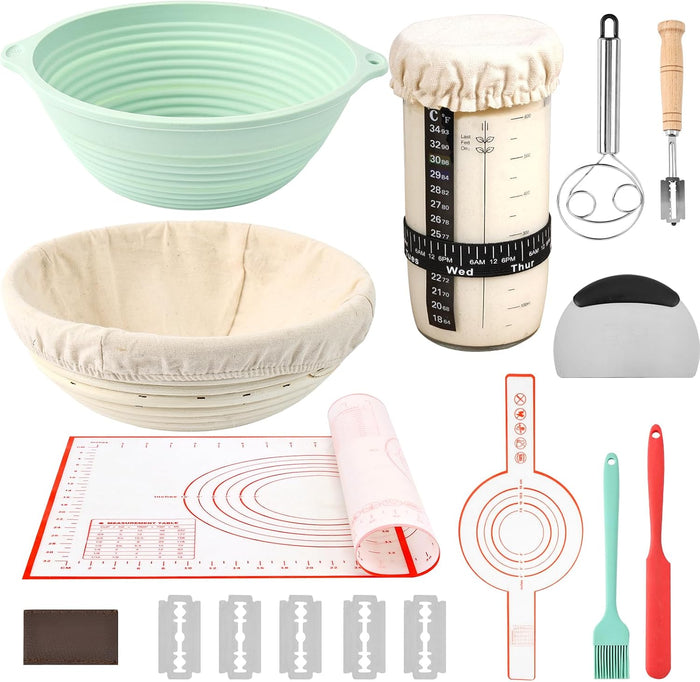 Sourdough Bread Baking Supplies, Banneton Bread Proofing Basket, 10 Inch Oval & Round Bread Baskets with Liners & Covers, Sourdough Starter Kit