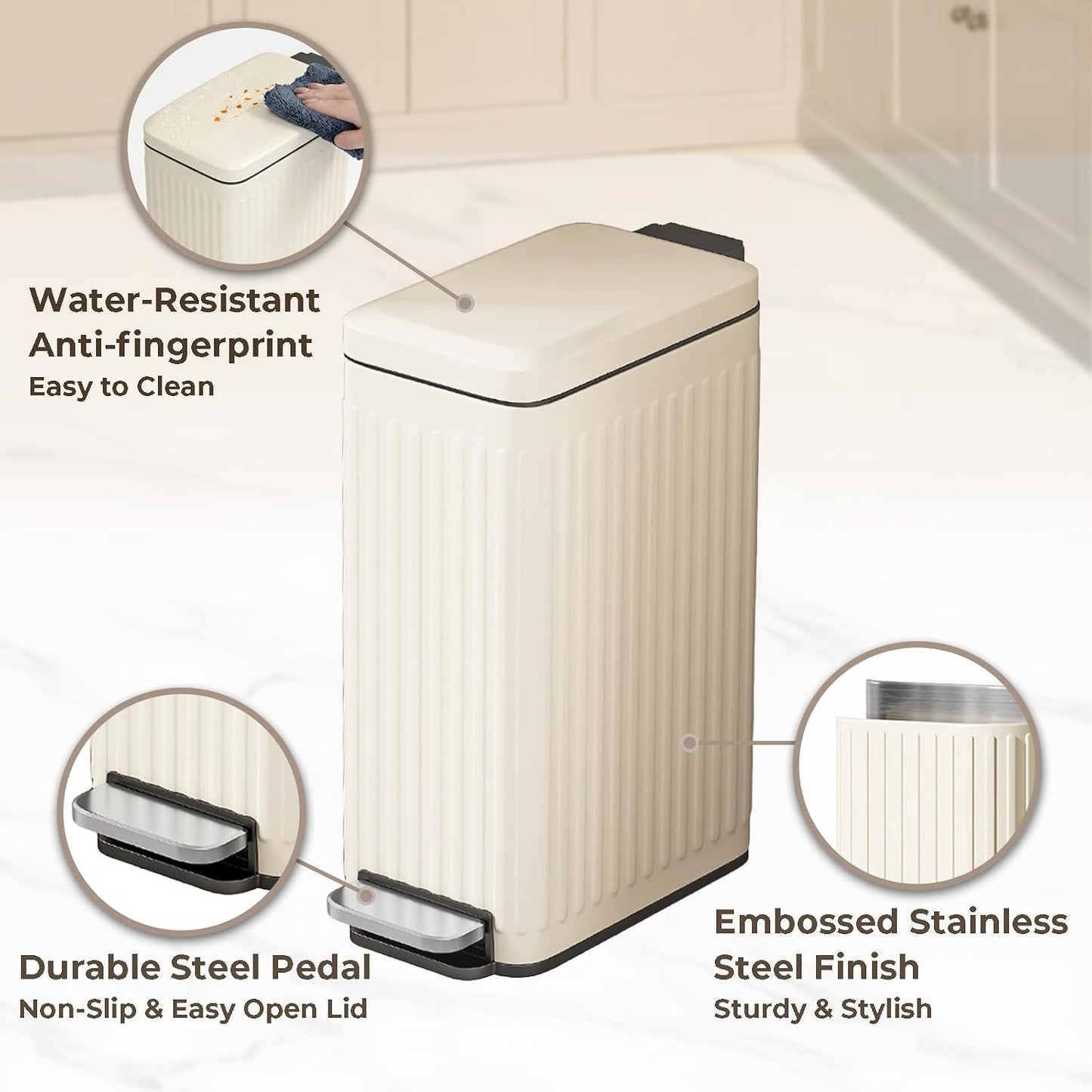 Slim Bathroom Trash Can with Lid 5.5-Inch Wide Fluted Creamy White | Ultra-Slim Bathroom Trash Can Fluted Stainless Steel Soft Close Lid Step Pedal 10L Outer 8L Removable Inner Bucket