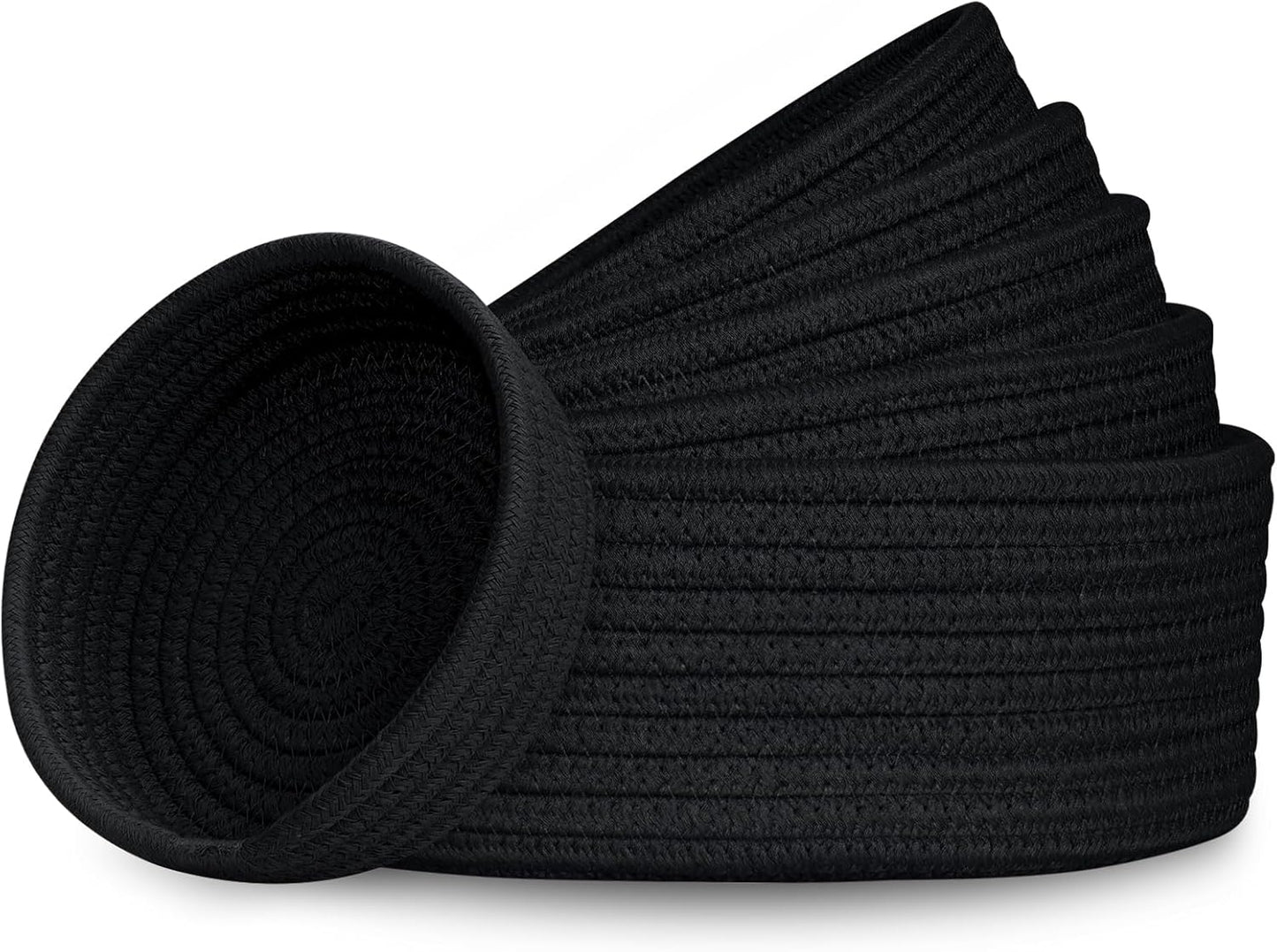 Small Shelf Storage Baskets for Organizing, 6 Pack Round Cotton Rope Bins, Decorative and Cute Woven Baskets for Bedroom and Closet, Key Tray Bowl, Home Decor Countertop Organizer (Black)