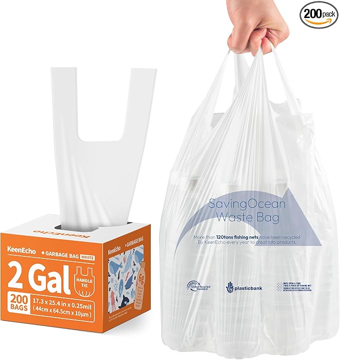 Small Trash Bags with Handles 2 Gallon 200 Count White by KeenEcho