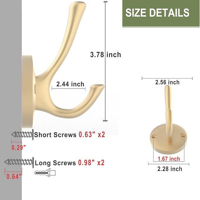Gold Coat Hooks for Wall, 3 Pack Towel Hook Heavy Duty Metal Double Bath Robe - Image 7