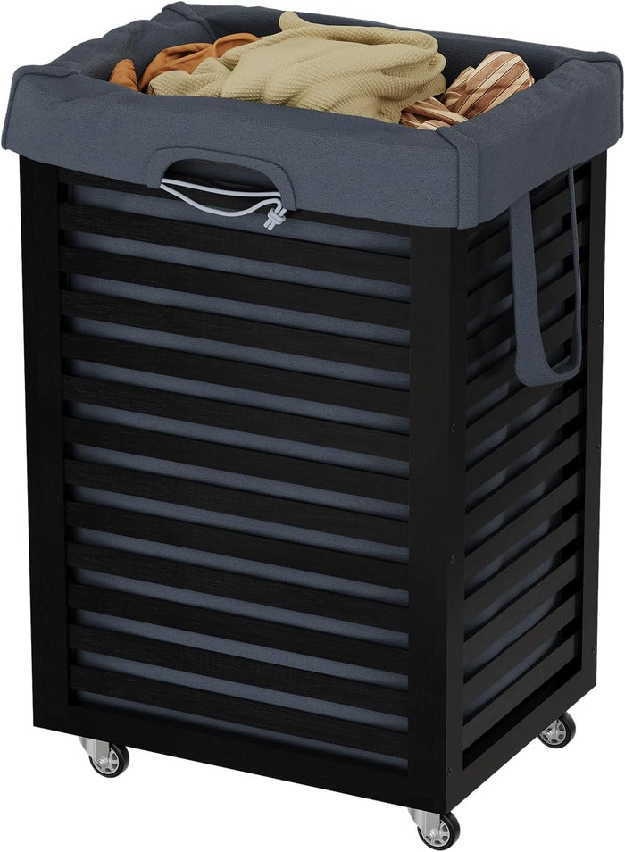 Laundry Hamper with Wheels,Rolling Laundry Basket with Removable Bag,Bamboo Clothes Hampers with Handles for Clothing, Bathroom, Bedroom, Laundry Room (Black)