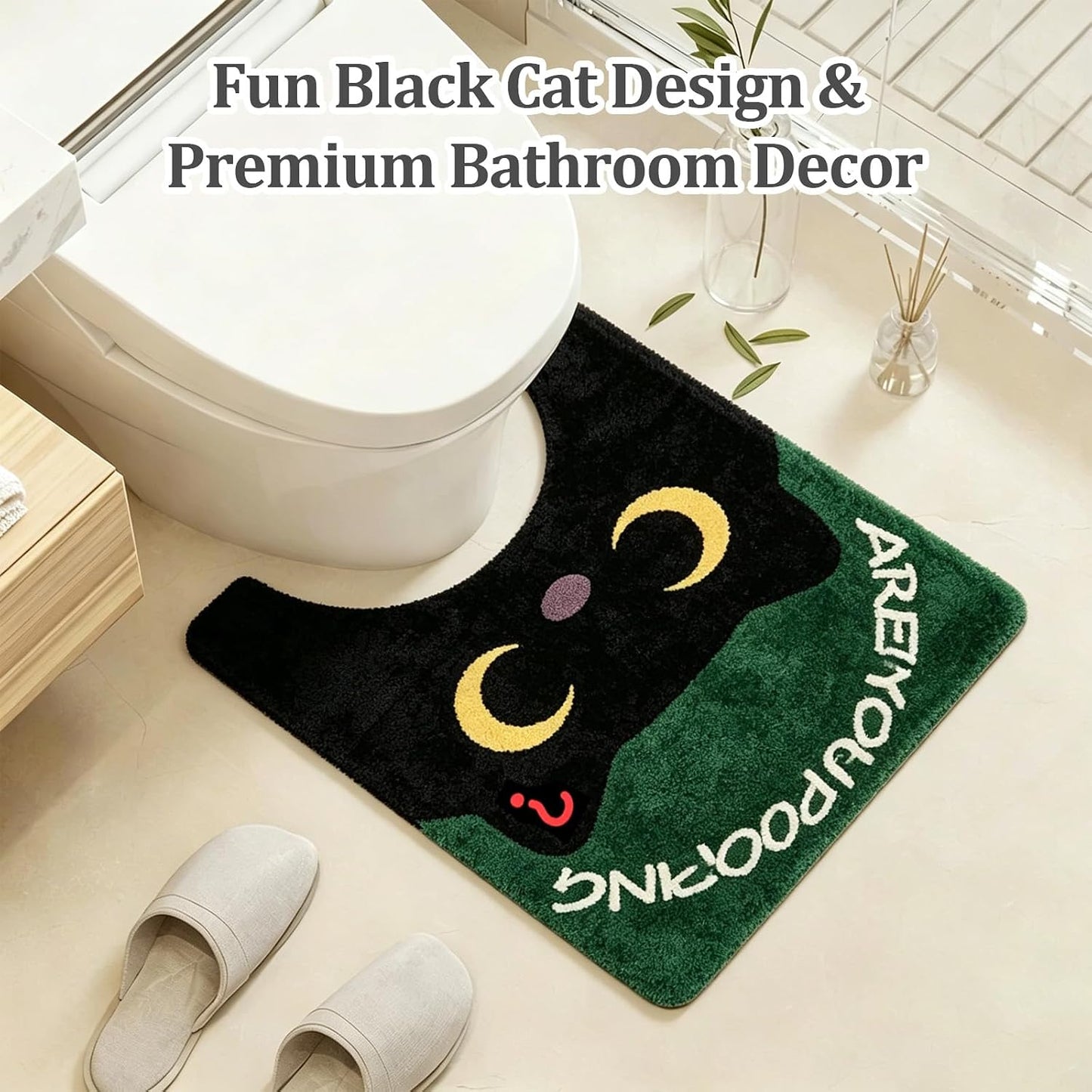 U Shaped Contour Toilet Rug, Non Slip Soft Water Absorbent Bathroom Floor Mat, Machine Washable Decorative Rug for Toilet Base, Cute Black Cat Pattern, 24 x 20 Inch