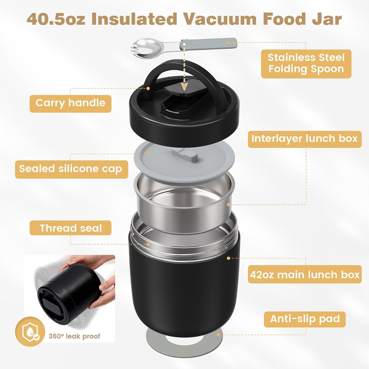 Thermo for Hot Food Adults, 40.5oz Wide Mouth Soup Thermo Lunch Containers with Spoon, Stainless Steel Vacuum Insulated Bento Lunch Box,Lunch Containers with Handle(Black)