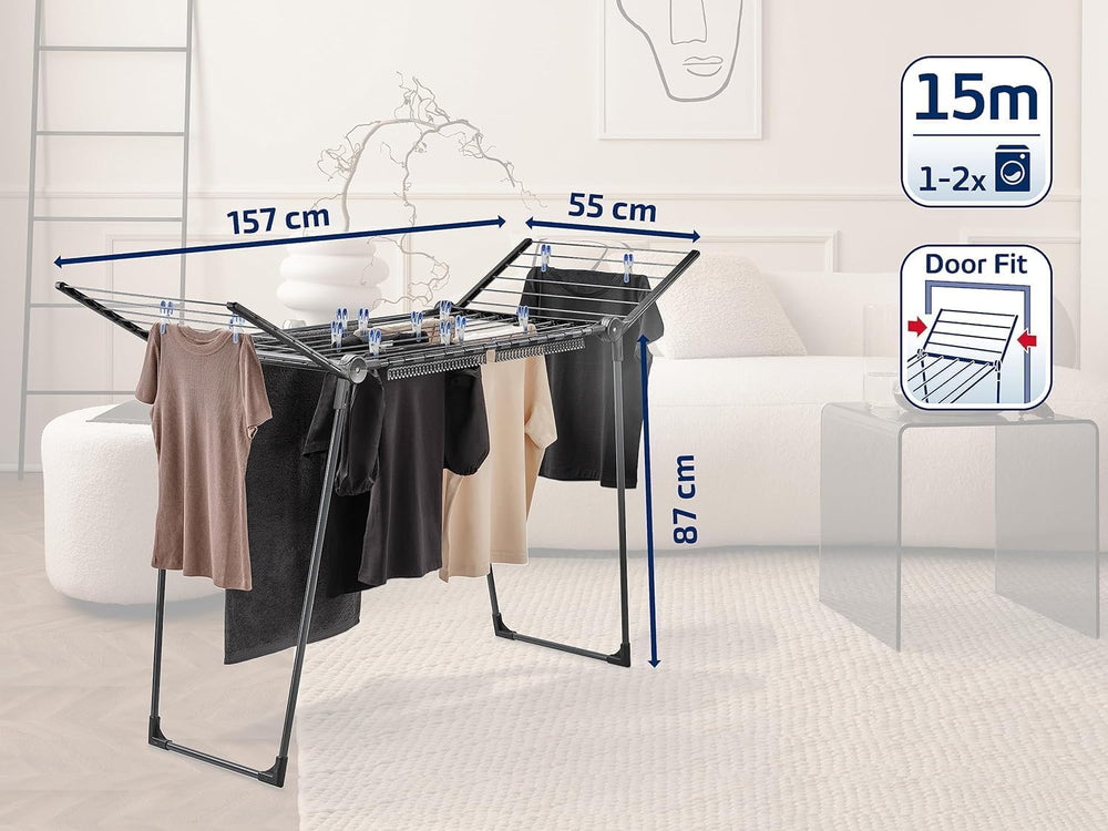 Leifheit Pegasus 150 Solid Slim Black Edition Clothes Airer, Stable Tumble Dr...