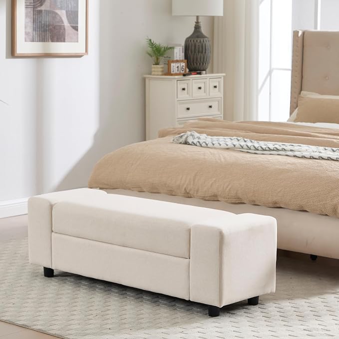 Storage Ottoman Bench, 55 Inch End of Bed Linen Bench by Janoray