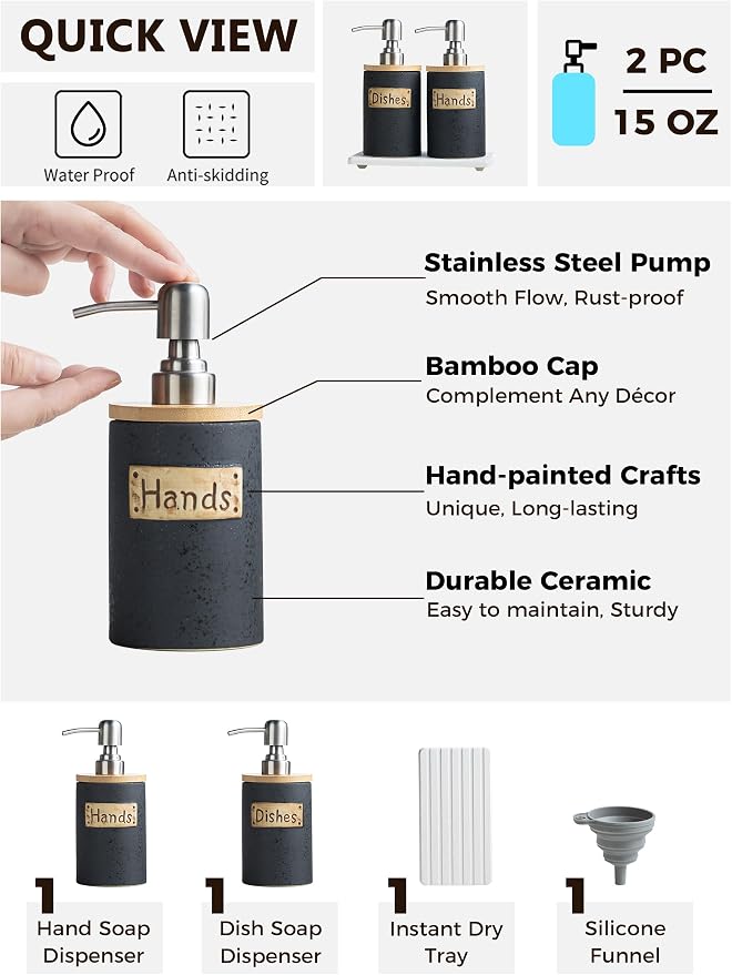 Kitchen Soap Dispenser Set, Ceramic Hand and Dish Soap Dispenser - Image 2
