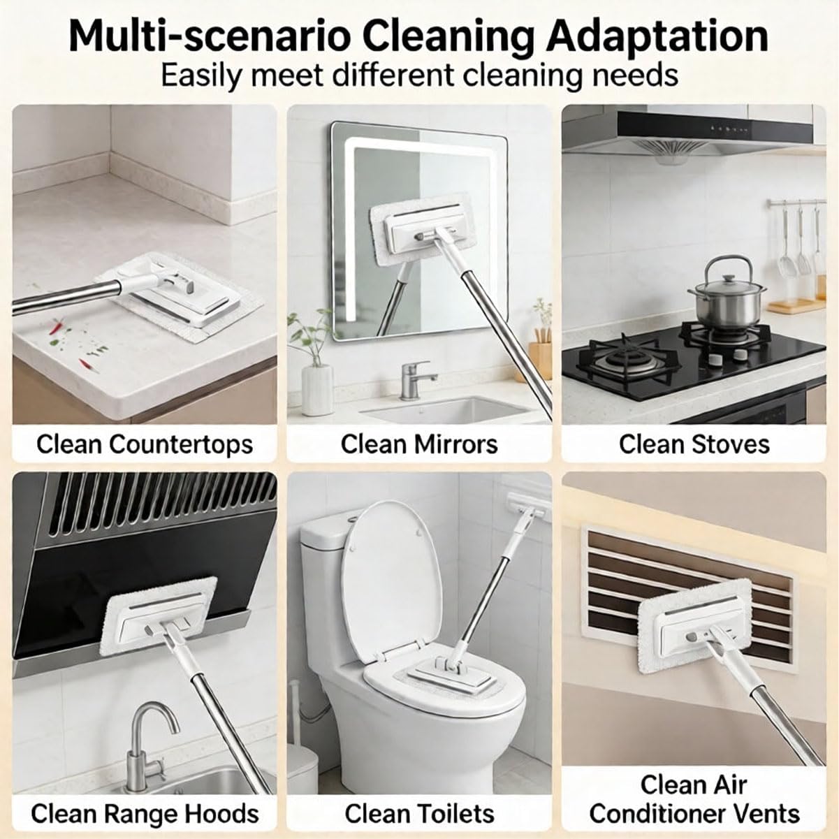 Hands Free Multi Purpose Flat Mop - Lazy Cleaning & Face Towel, Hands Free Flat Mop, Zero Touch Mini Grip Mops, Self-Locking Flats Compatible with Any Cloth, for Walls, Floors, Ceilings (43.31in)