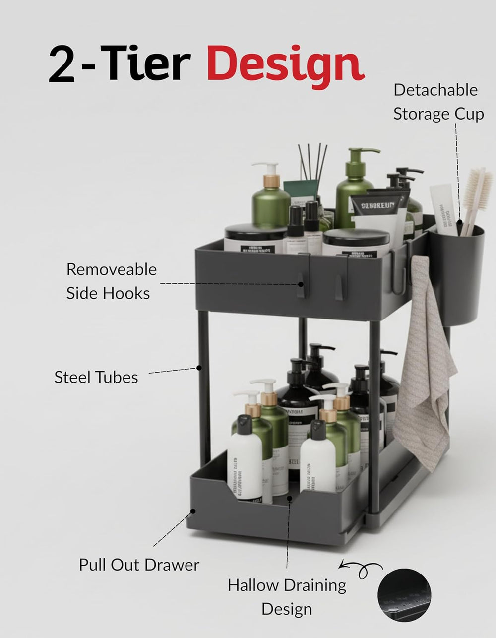 2 Tier Under Sink Organizer with Sliding Drawer, Pull Out Cabinet Storage Rac...