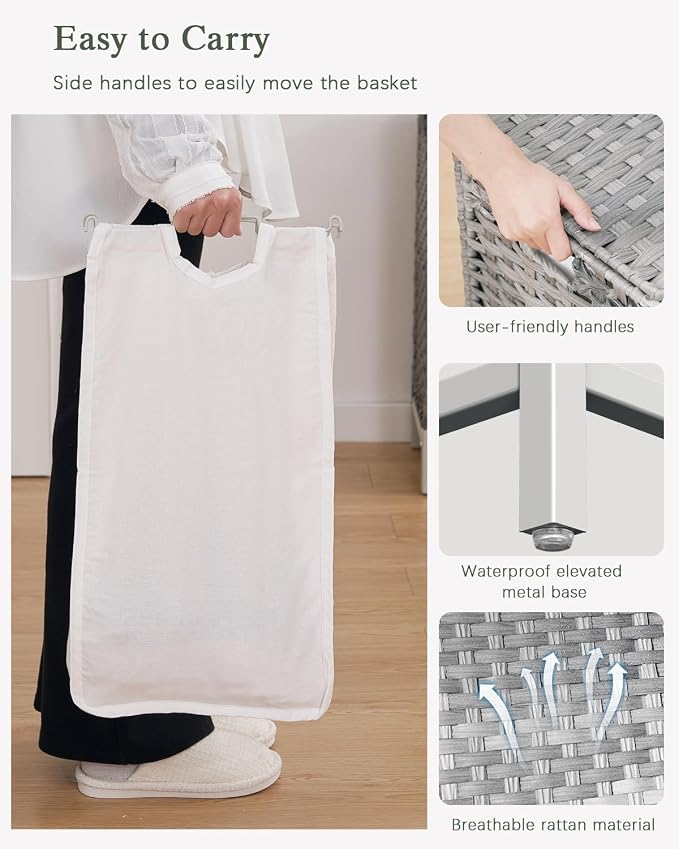 Laundry Hamper with Lid 132 L, Clothes Hamper with Lid, Handwoven Rattan - Image 4