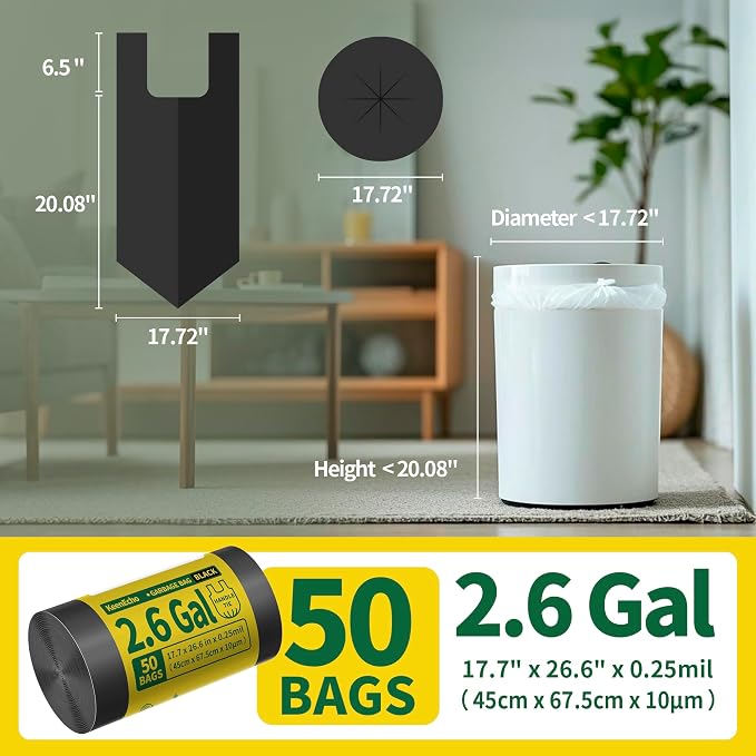 Small Trash Bags with Handles 2.6 Gallon 50 Count Black - Image 6